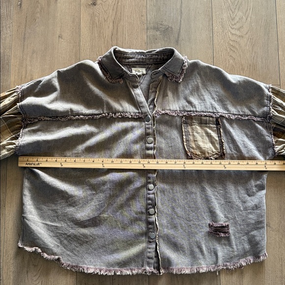 POL Plaid Patchwork Button-Up Jacket Size S Oversized Boho Slouchy Raw Hem - Picture 10 of 13